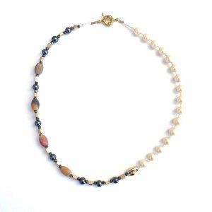 Short Pearls Necklace, Red Glass, Hematite Beads